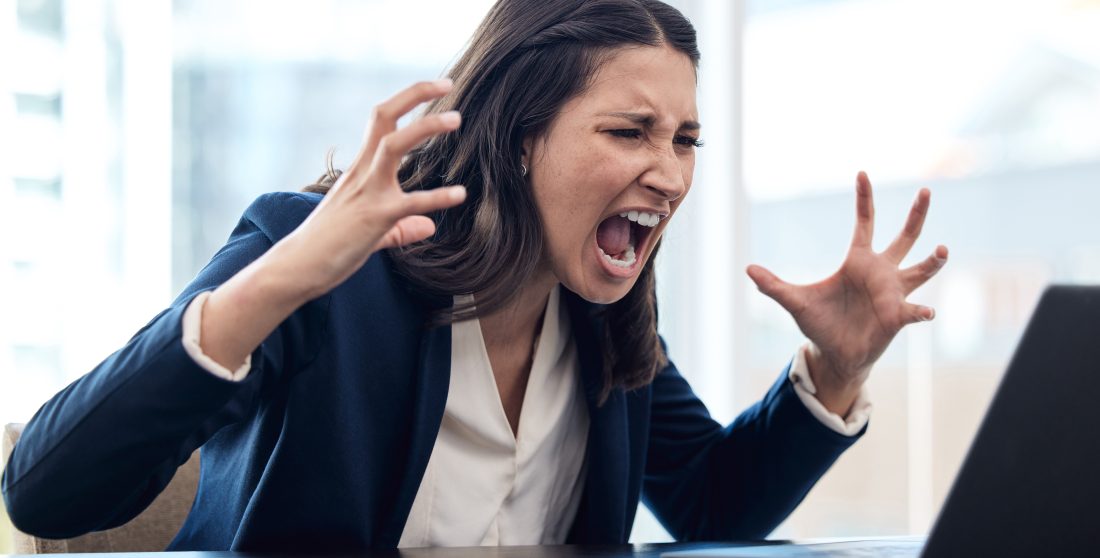 Business, woman and angry is shouting at computer